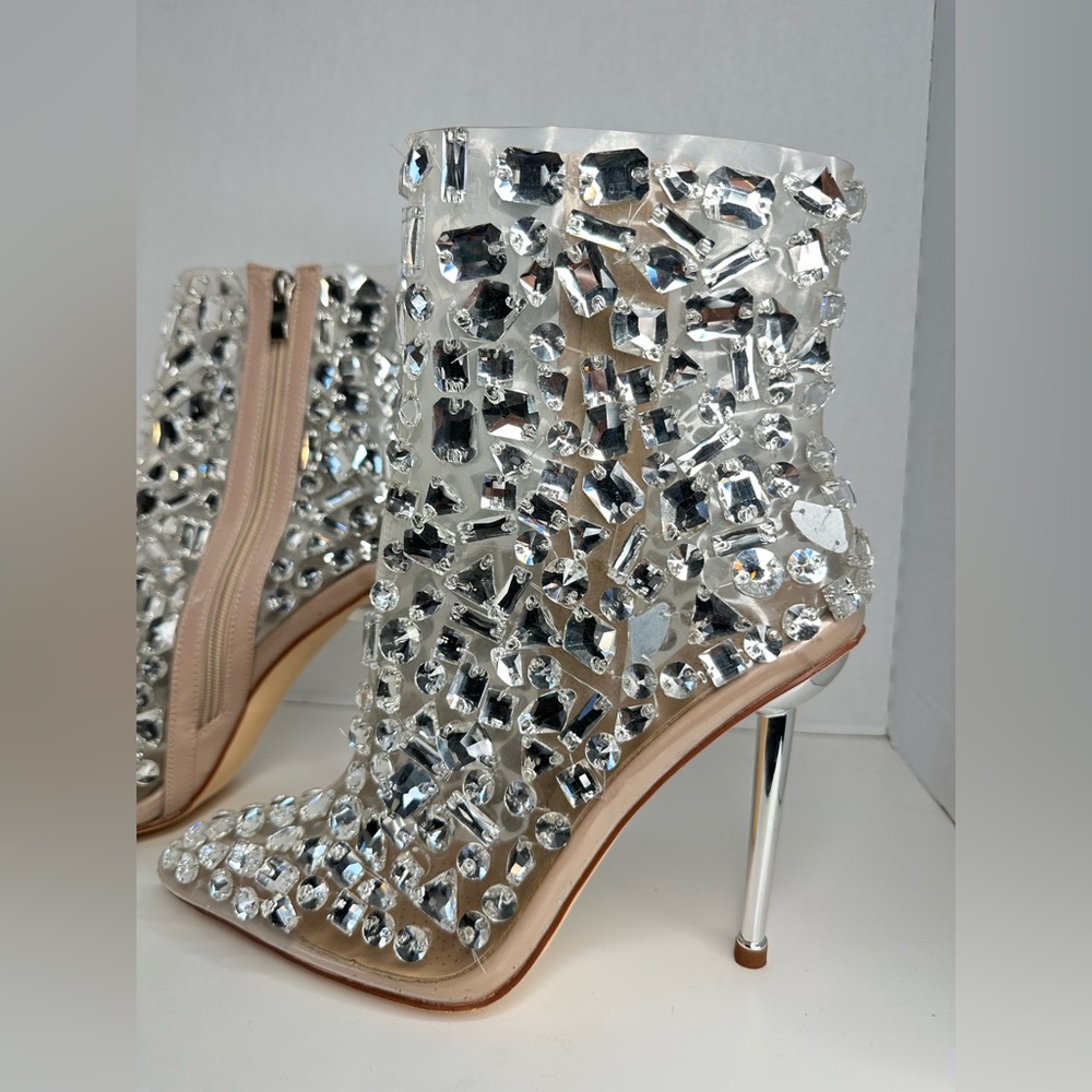 Sparkling Silver Crystal Rhinestone Heeled Boots